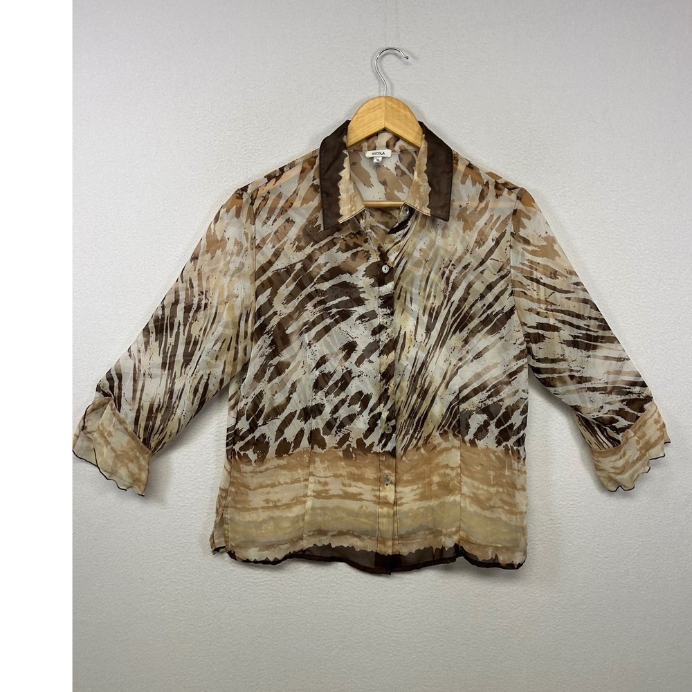 Y2K Boho Nicola Womens Medium Brown Abstract Animal Print Sheer Button Up Blouse